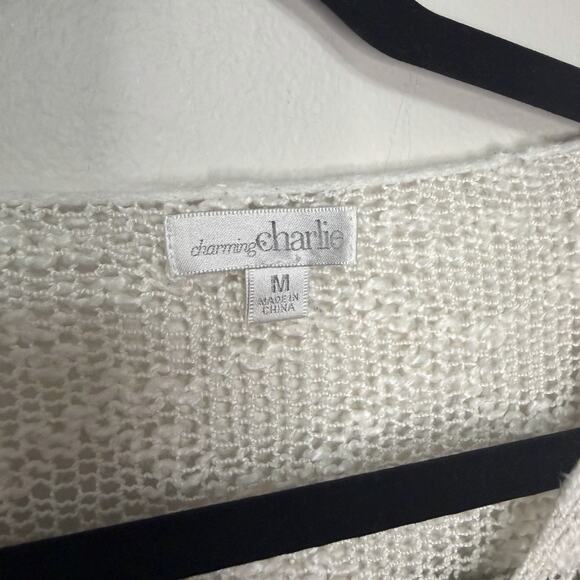 Charming Charlie Womens Medium Olive Green White Striped Open Knit Sweater - Picture 2 of 4